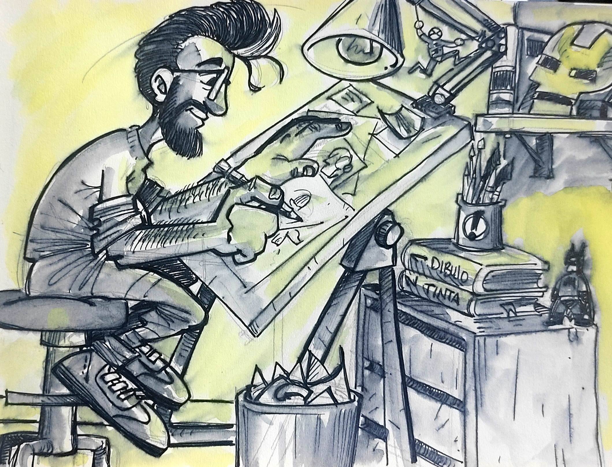 Autoilustración de David Jiménez Recuero en su mesa de dibujo